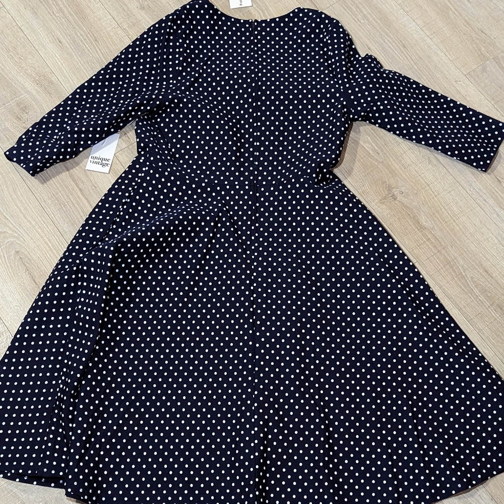 Unique Vintage Navy & White Polka Dot Long Sleeve Fit-and-Flare Dress - Picture 3 of 13